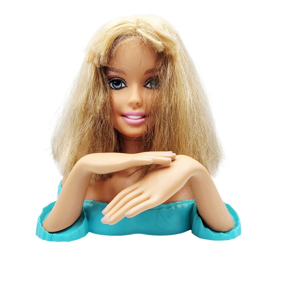 Vtg 1998 2002 Mattel Barbie Primp & Polish Styling Head Blonde Hair Aqua Base